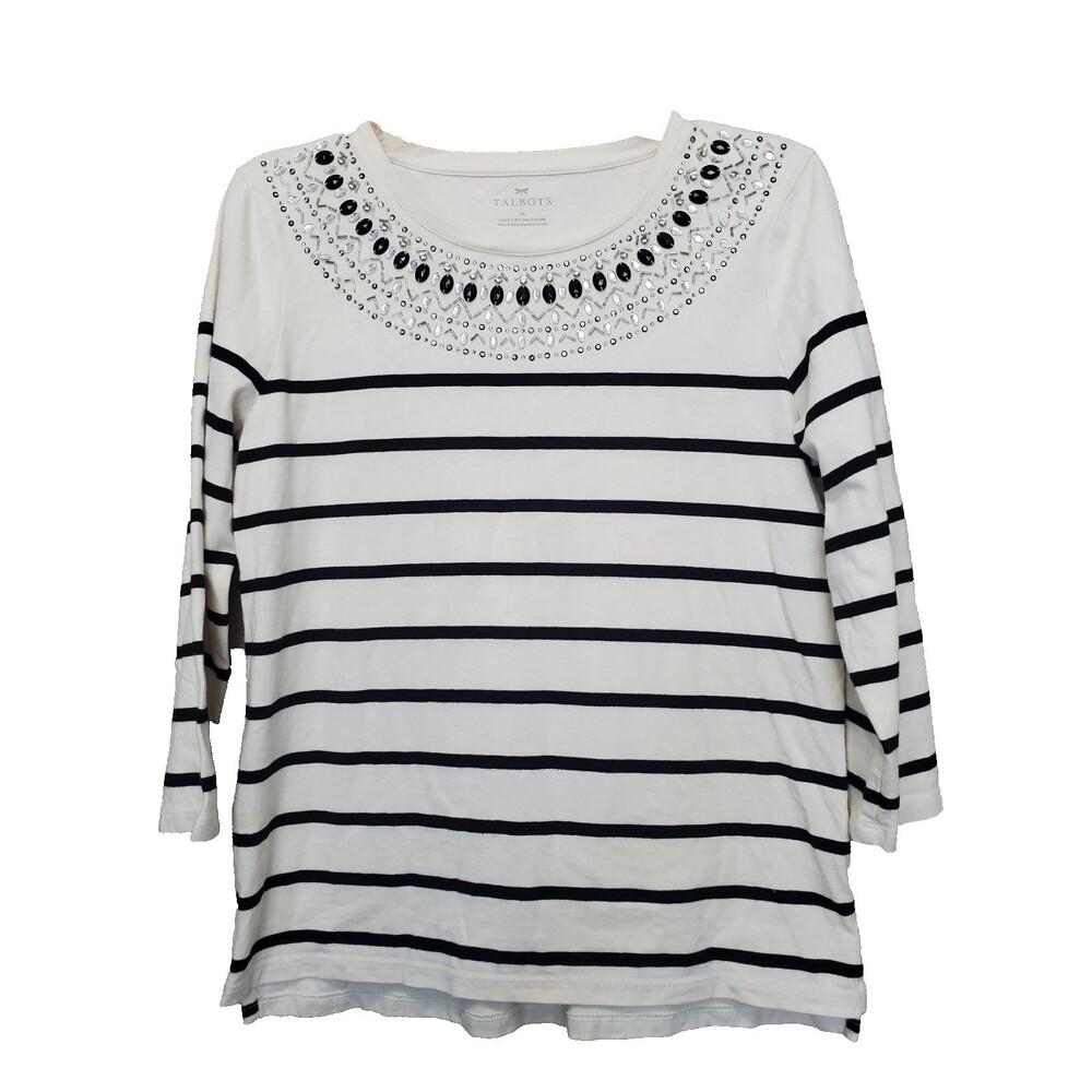 Talbots Off-White 100% Cotton Embellished Neckline Striped T-Shirt Size Medium